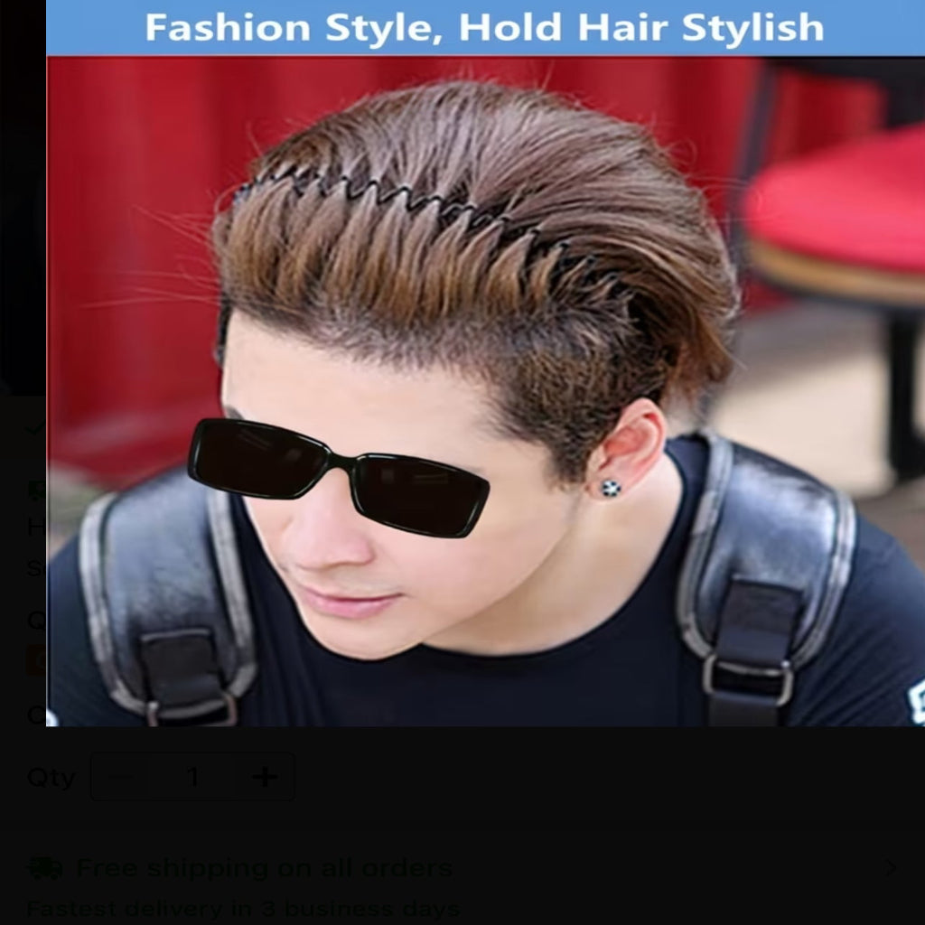 Black Wavy Metal Headband - Non-Slip, Elastic Hair Band for Outdoor Sports & Fashion Accessory, Men's, Spring, Hair Clip