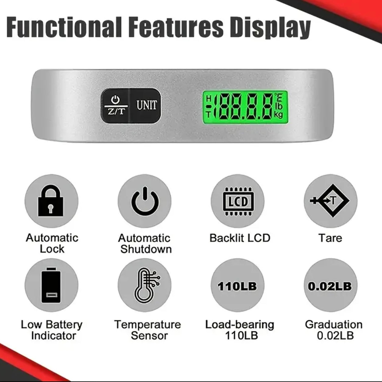 1pc 50kg/110 Lb electronic portable scale Multi-function electronic backlight display luggage scale Luggage scale with temperature sensing electronic scale suitable for indoor office outdoor portable luggage weighing