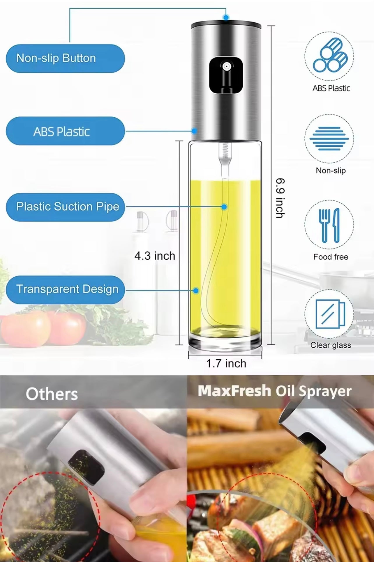 1pc Glass Olive Oil Sprayer, 100ml BPA-Free Round Spritzer Bottle for Cooking, Air Fryer, Salad, Baking, BBQ, No Pattern Vinegar Dispenser for Kitchen Use