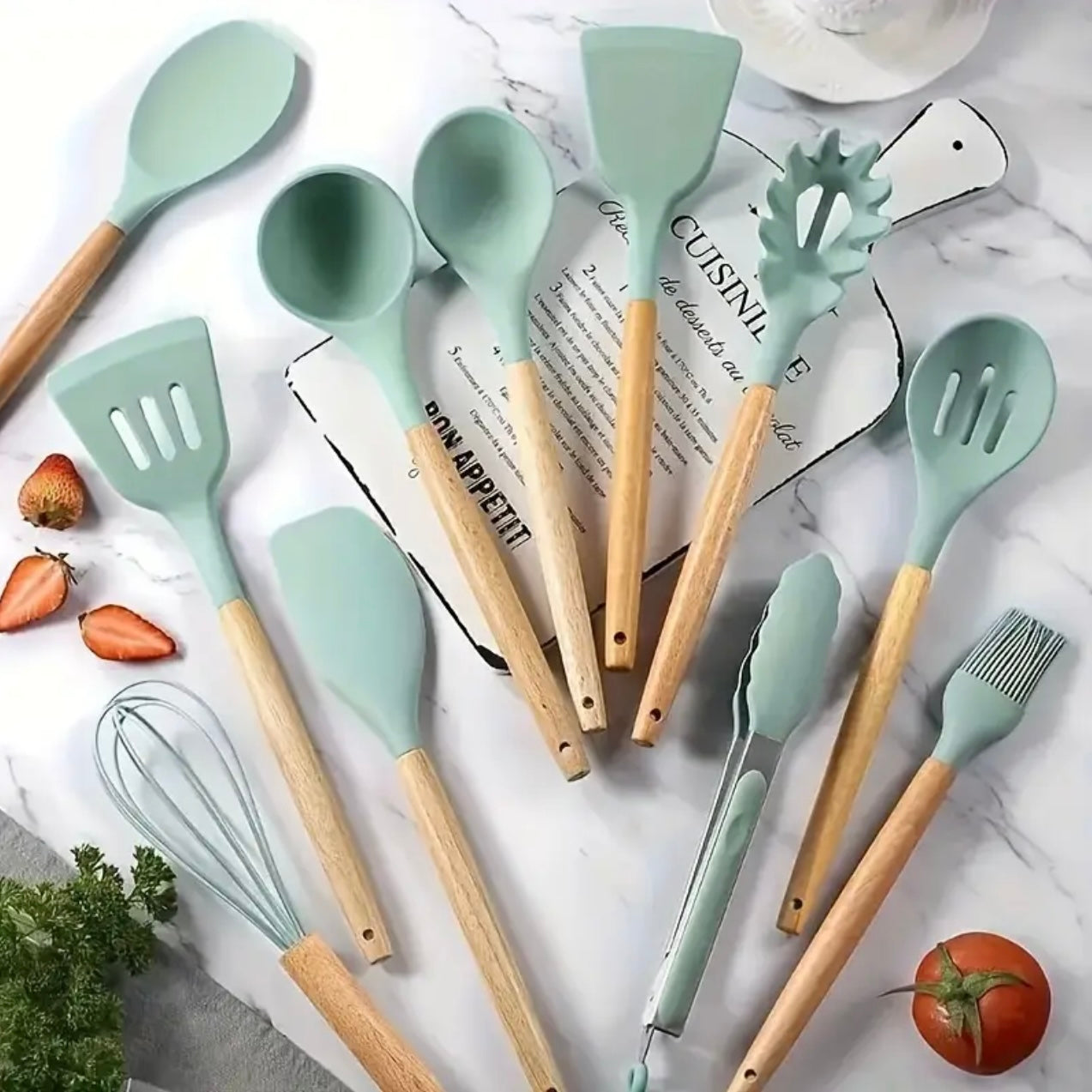 The perfect 12pcs silicone appliance set - heat resistant, non-stick, safe cookware with wooden handles - is suitable for washable, modern cookware, kitchen essentials for cooking, baking and serving, all kinds of festivals