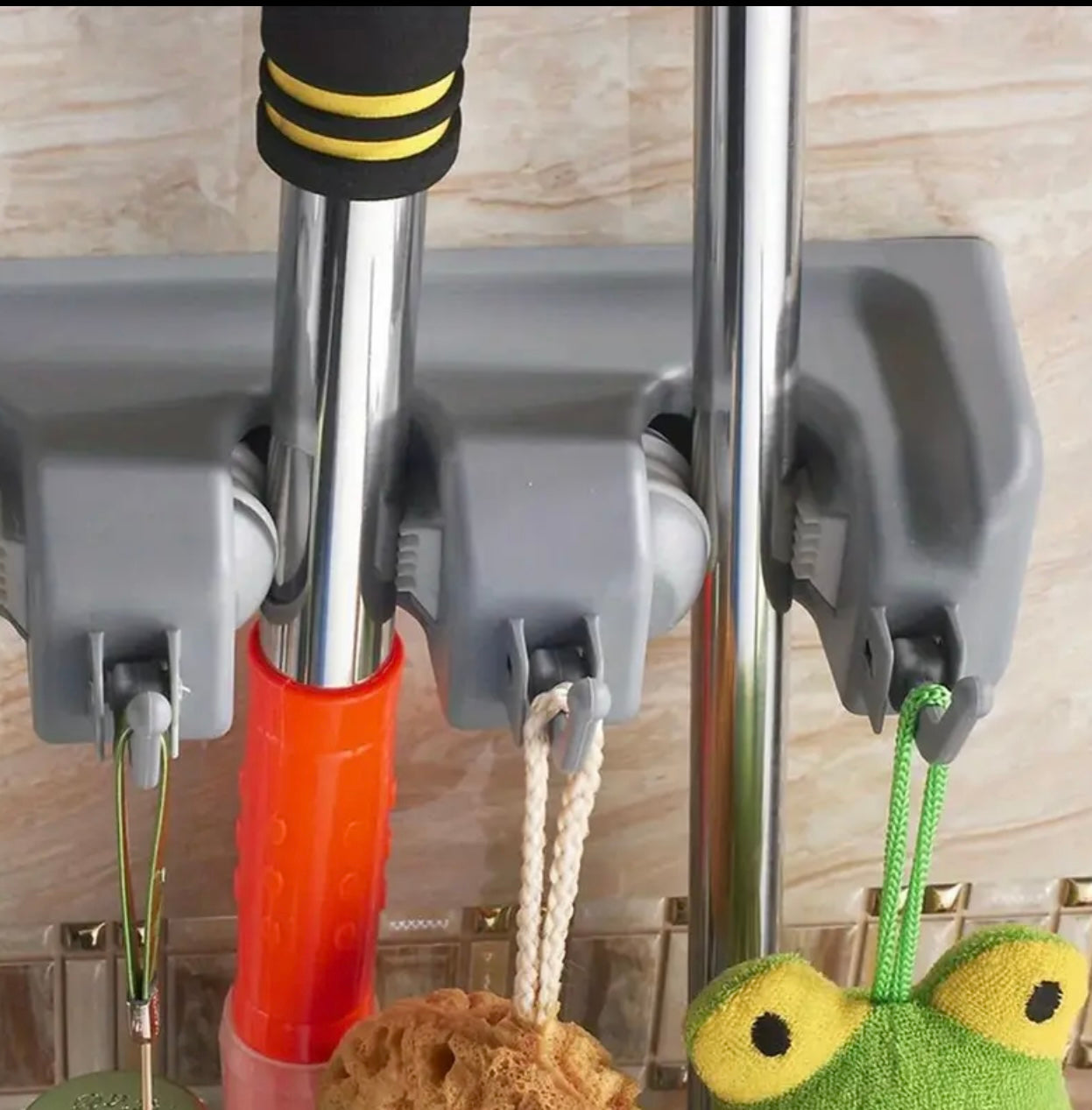 Wall-Mounted Plastic Mop and Broom Holder with Hooks - 5 Position MultiFunctional Storage Rack for Bathroom Organization, Ideal for Home Cleaning Tools, Broom Holder Wall Mount