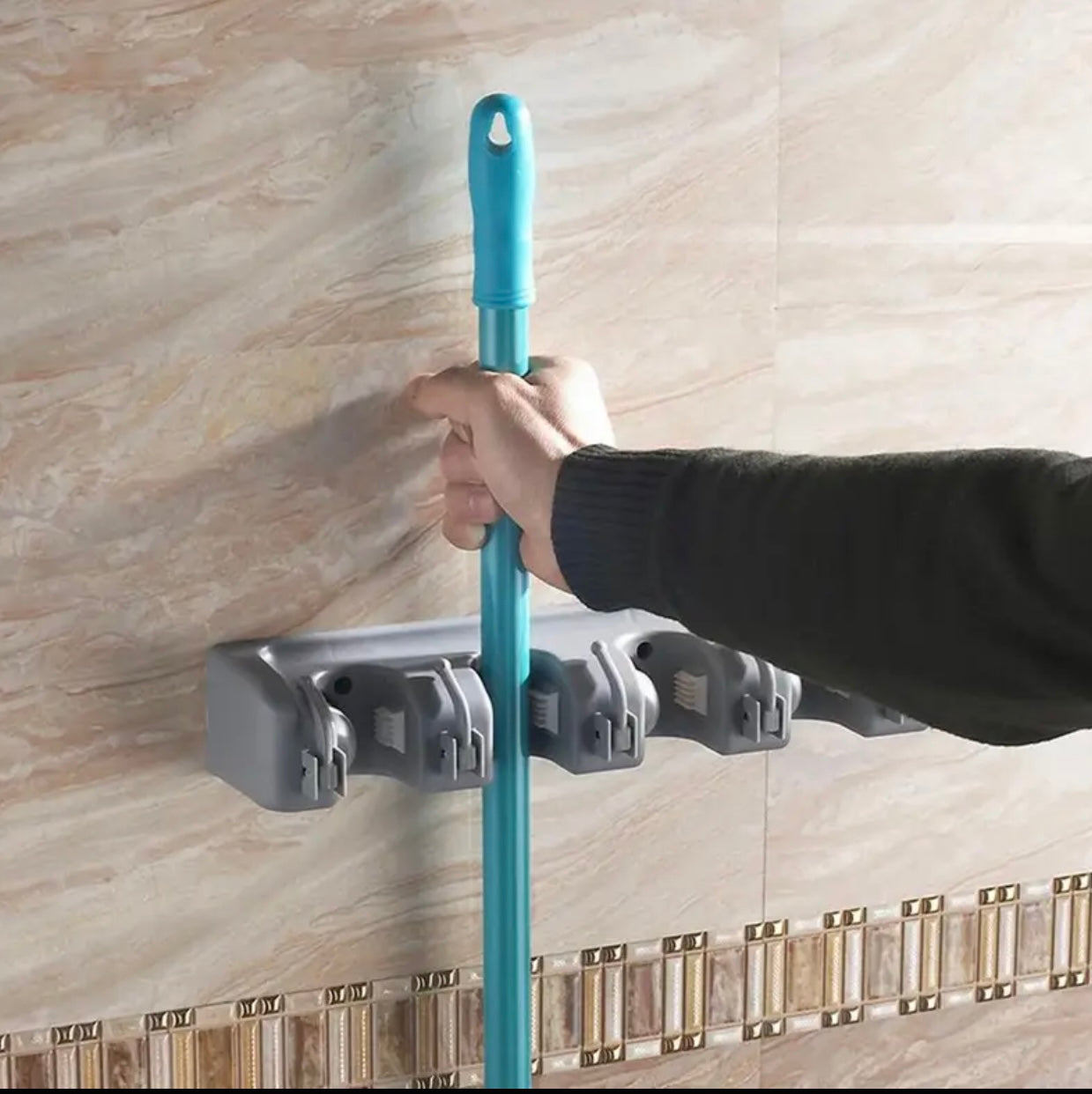 Wall-Mounted Plastic Mop and Broom Holder with Hooks - 5 Position MultiFunctional Storage Rack for Bathroom Organization, Ideal for Home Cleaning Tools, Broom Holder Wall Mount