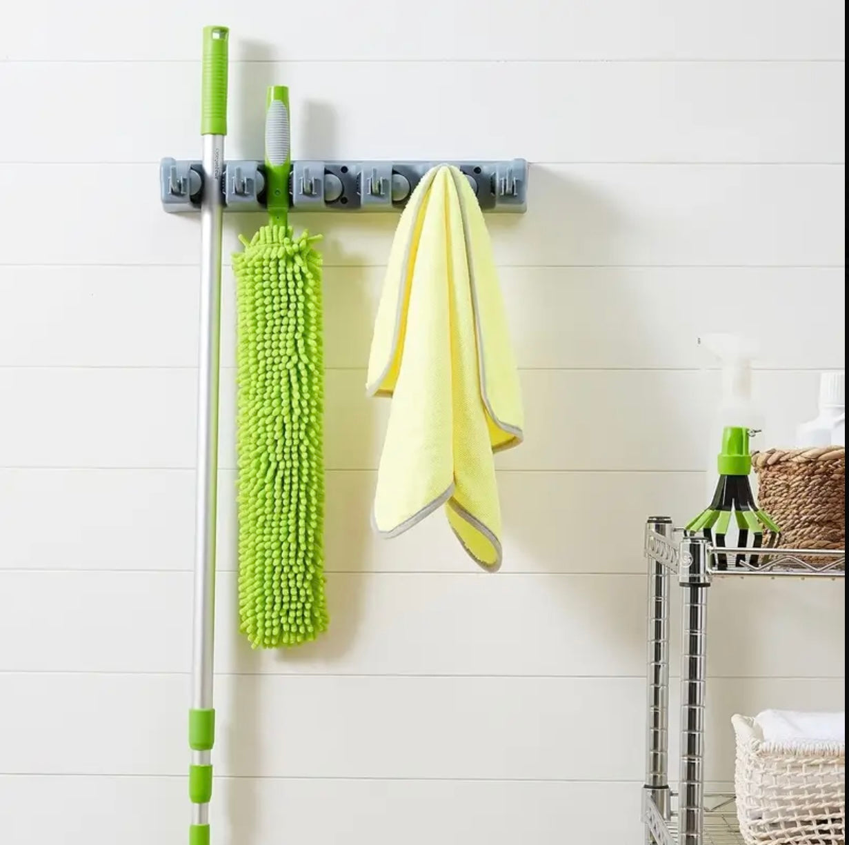 Wall-Mounted Plastic Mop and Broom Holder with Hooks - 5 Position MultiFunctional Storage Rack for Bathroom Organization, Ideal for Home Cleaning Tools, Broom Holder Wall Mount