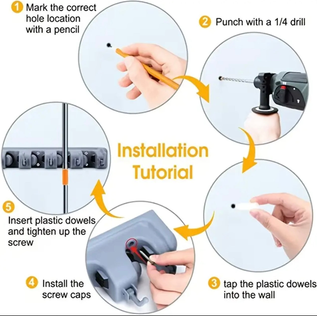 Wall-Mounted Plastic Mop and Broom Holder with Hooks - 5 Position MultiFunctional Storage Rack for Bathroom Organization, Ideal for Home Cleaning Tools, Broom Holder Wall Mount