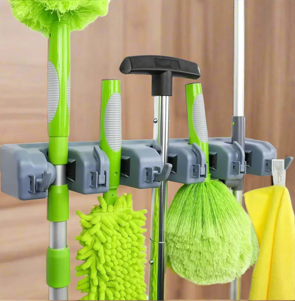 Wall-Mounted Plastic Mop and Broom Holder with Hooks - 5 Position MultiFunctional Storage Rack for Bathroom Organization, Ideal for Home Cleaning Tools, Broom Holder Wall Mount