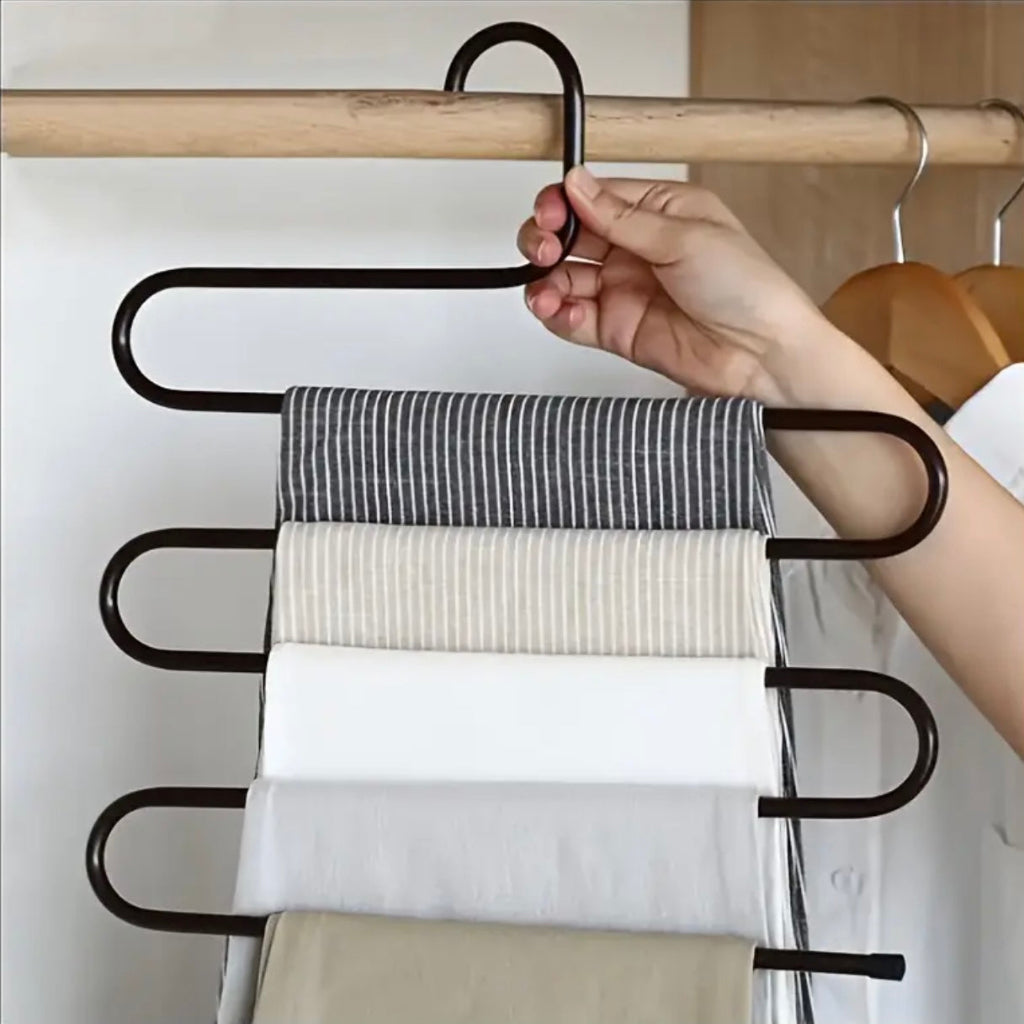 5-layer stainless steel S-shaped pants hanger non slip, space saving multi-layer organizer suitable for jeans and pants, durable wardrobe storage solution, equipped with wooden poles and grid components to improve sorting efficiency, hanger