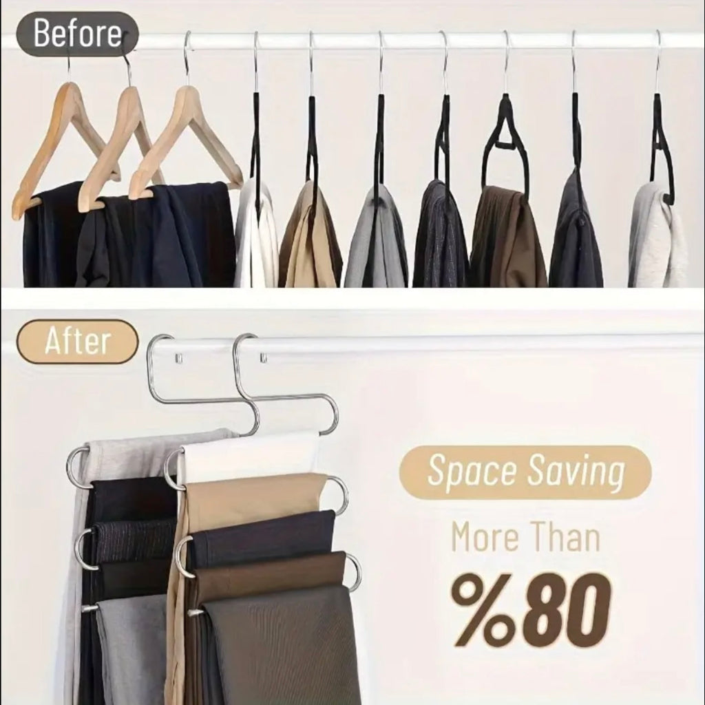 5-layer stainless steel S-shaped pants hanger non slip, space saving multi-layer organizer suitable for jeans and pants, durable wardrobe storage solution, equipped with wooden poles and grid components to improve sorting efficiency, hanger