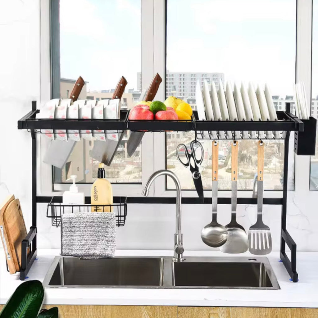 1pc Over Sink Dish Drying Rack with Utensil Holder, Double Layer Kitchen Countertop Storage Organizer for Dishes, Knives, and Forks - for Modern Kitchens, Dish Drying Rack Rectangular Dish Rack|Durable Kitchenware Holder, Dish Rack for Kitchen