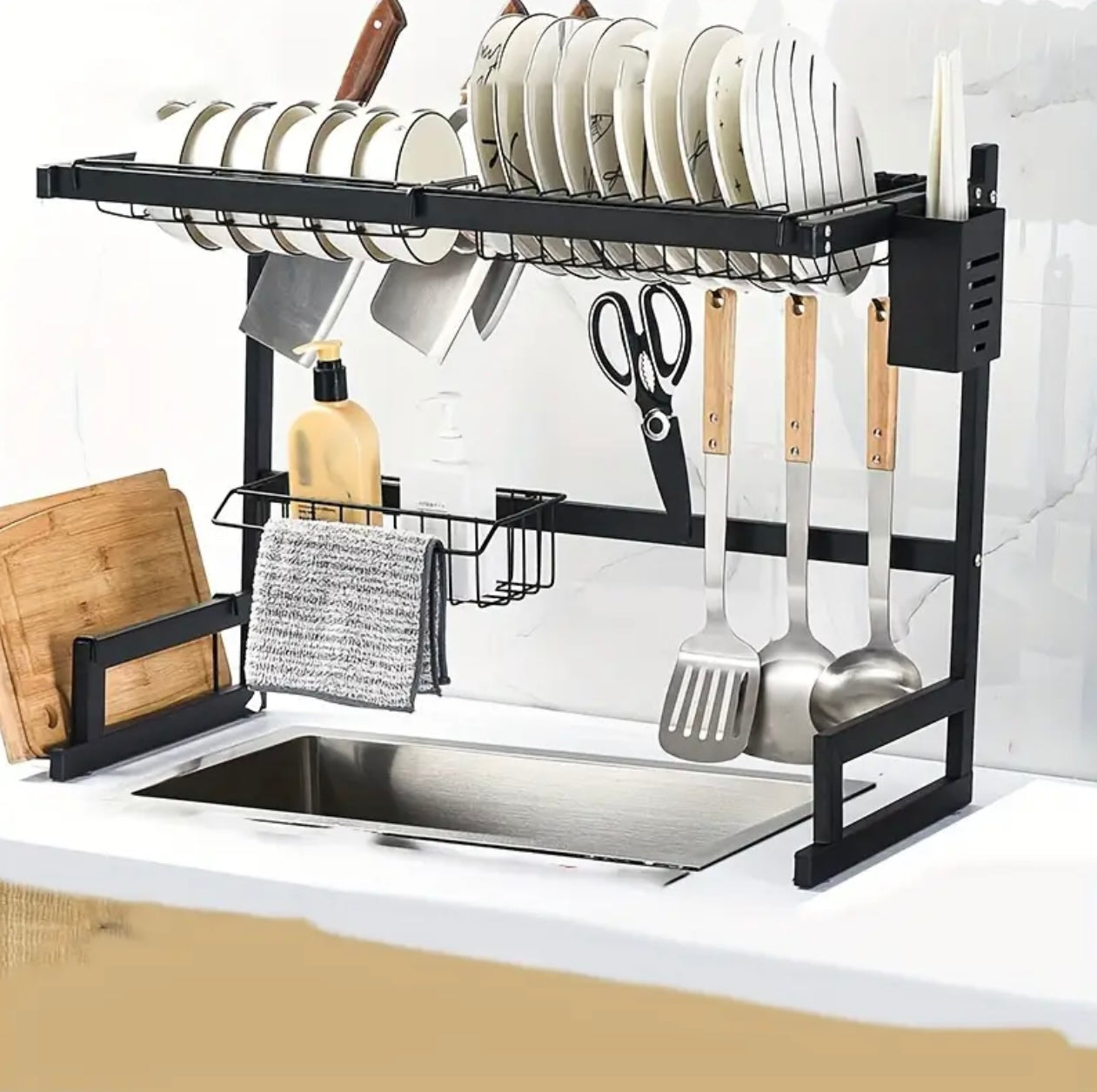 1pc Over Sink Dish Drying Rack with Utensil Holder, Double Layer Kitchen Countertop Storage Organizer for Dishes, Knives, and Forks - for Modern Kitchens, Dish Drying Rack Rectangular Dish Rack|Durable Kitchenware Holder, Dish Rack for Kitchen