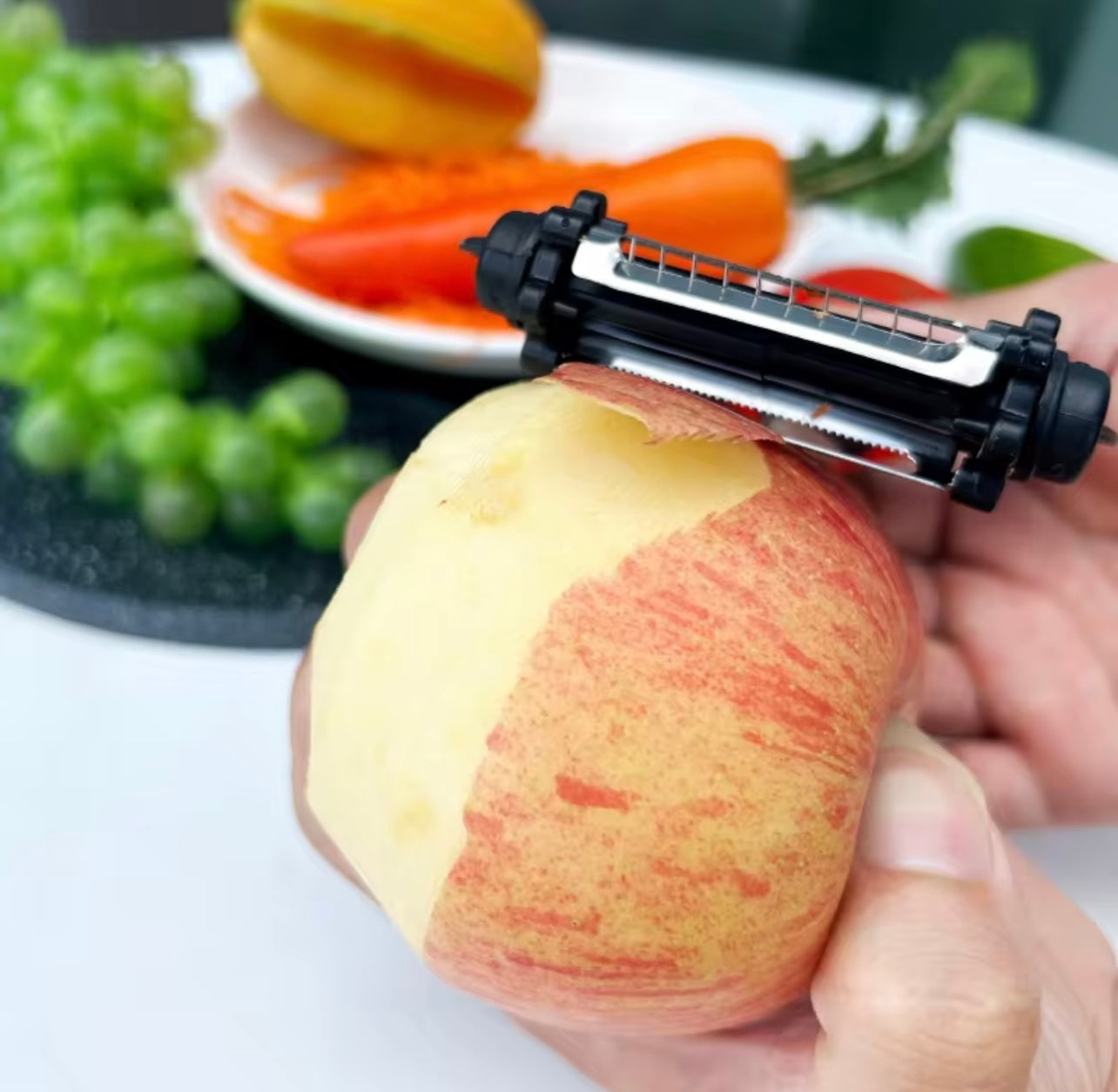 3-in-1 Stainless Steel Rotary Peeler - Sharp, Serrated Blade for Effortless Peeling, Julienne & Slicing - Portable Multi-Functional Kitchen Tool for Fruits and Vegetables - Ergonomic Handle | Sharp Serrated Edge, Vegetable Peeler