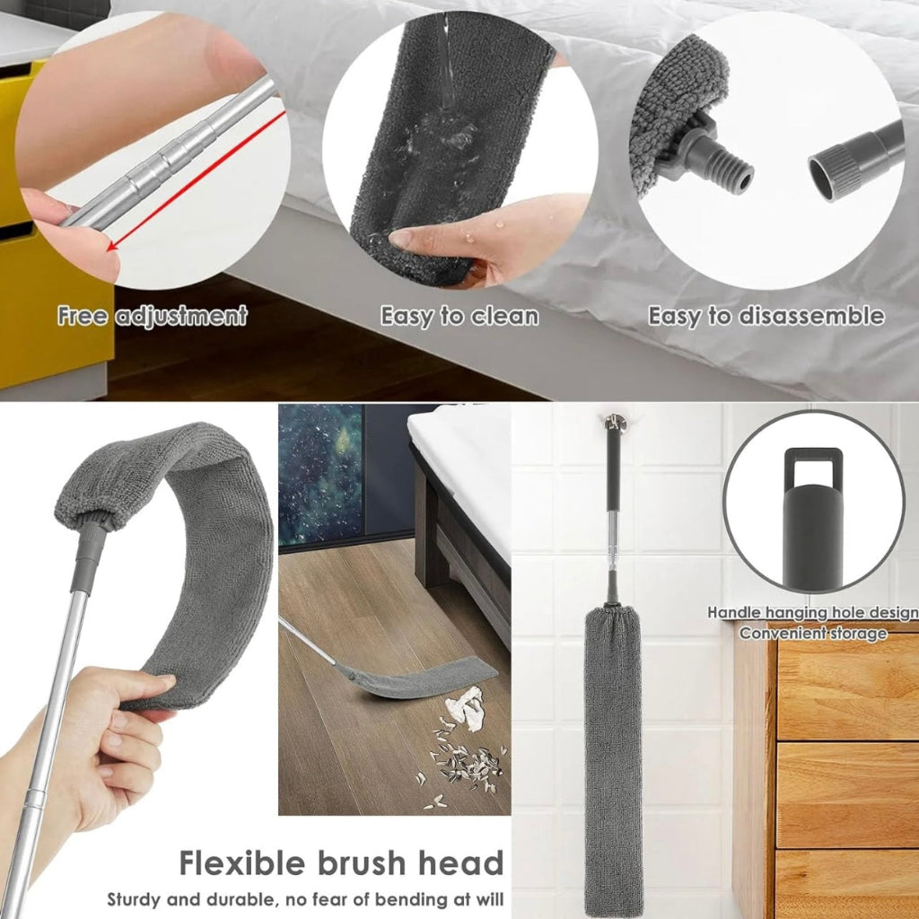 This 3 In 1 a retractable ultra-fine fiber duster with an extendable handle and 2 washable covers- Static Dust Removal and Hair Removal Brush, Silicone Crevice Duster, Suitable for Under Furniture, Sofa, Cabinet, Bed..