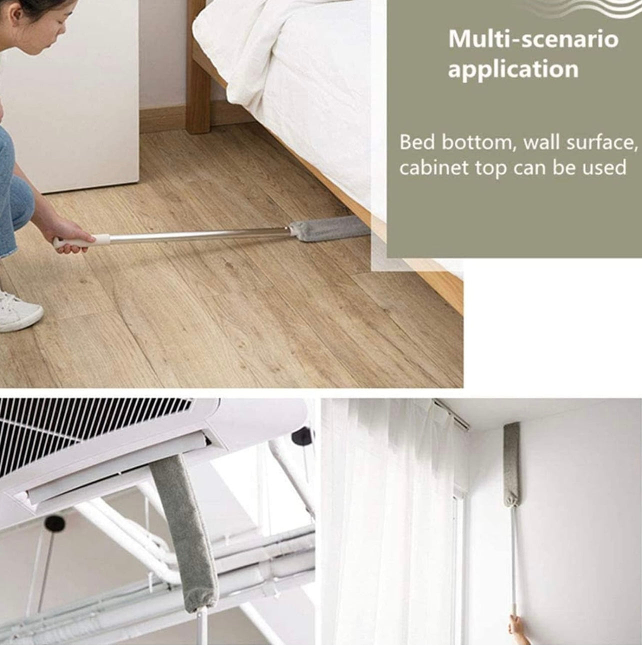This 3 In 1 a retractable ultra-fine fiber duster with an extendable handle and 2 washable covers- Static Dust Removal and Hair Removal Brush, Silicone Crevice Duster, Suitable for Under Furniture, Sofa, Cabinet, Bed..