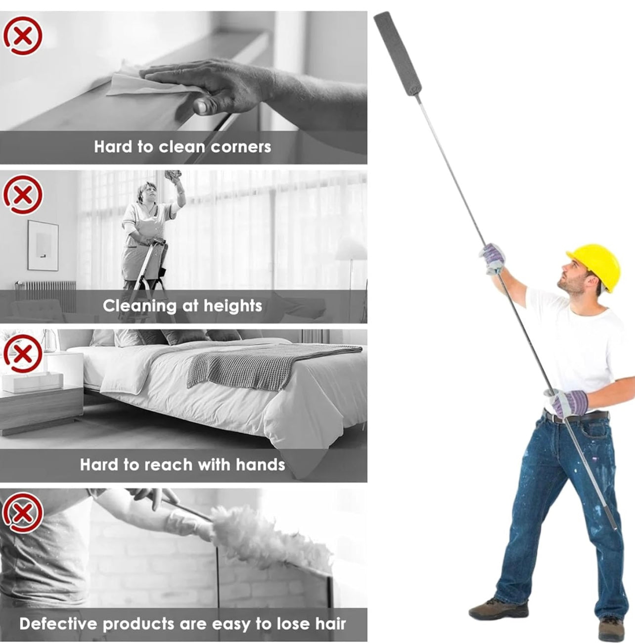 This 3 In 1 a retractable ultra-fine fiber duster with an extendable handle and 2 washable covers- Static Dust Removal and Hair Removal Brush, Silicone Crevice Duster, Suitable for Under Furniture, Sofa, Cabinet, Bed..