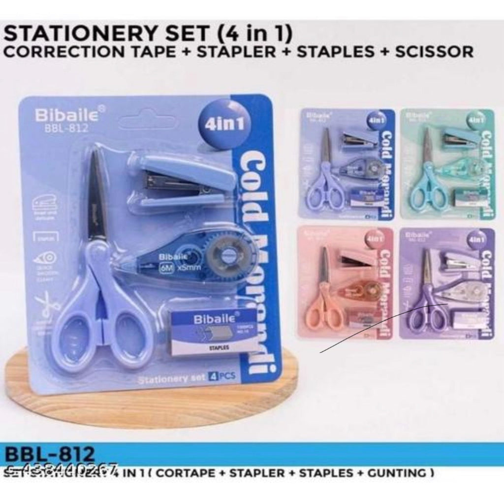 4 in 1 Cold Morandi Stationery Set-for Kids Mini Size Stapler with 400 Staples Blister, Stapler Machine for Paper Return Gifts for Kids Stationary Kit