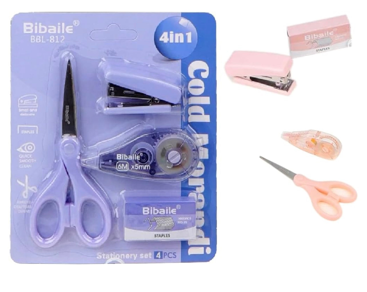 4 in 1 Cold Morandi Stationery Set-for Kids Mini Size Stapler with 400 Staples Blister, Stapler Machine for Paper Return Gifts for Kids Stationary Kit