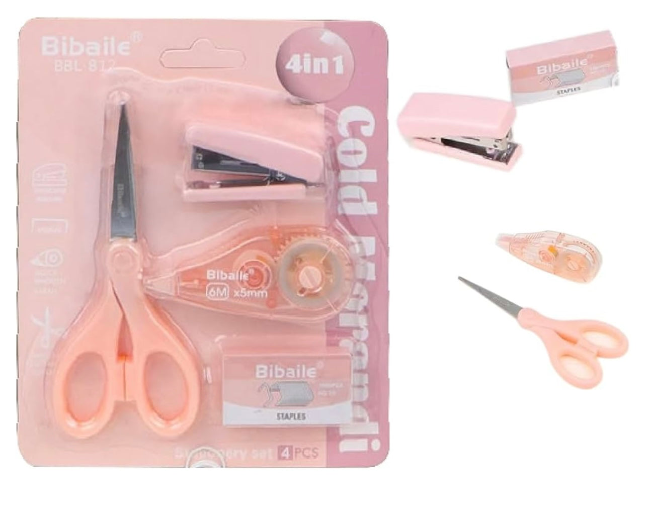 4 in 1 Cold Morandi Stationery Set-for Kids Mini Size Stapler with 400 Staples Blister, Stapler Machine for Paper Return Gifts for Kids Stationary Kit