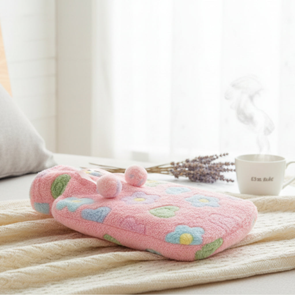 Assorted Print 2000ML Hot Water Bottle with Fleece Cover Winter Rubber Hot Water Bag for Relief Neck