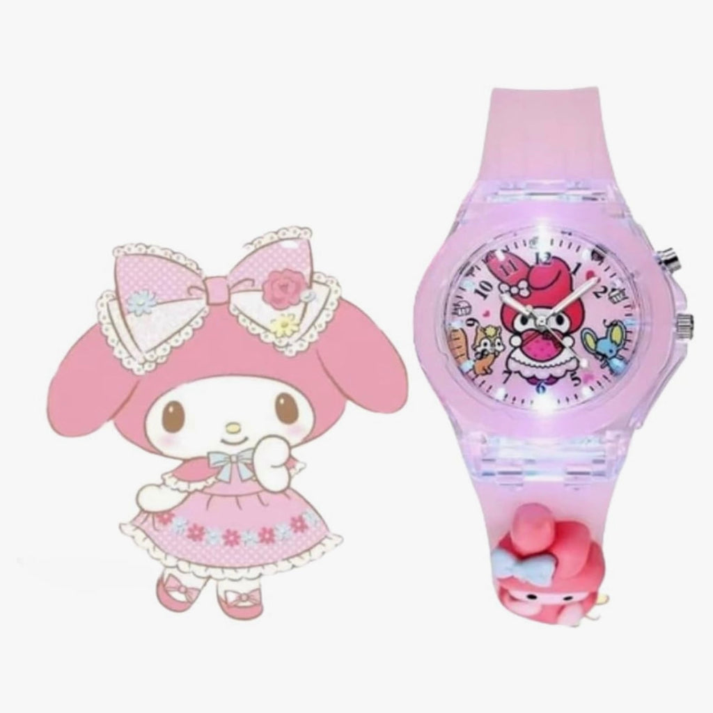 Hello Kitty LED Luminous Bracelet Watch, Kawaii Kuromi My Melody Cinnamoroll Design, Battery Powered Electronic Movement, Plastic Body with Rubber Strap, Non-rechargeable Button Battery - Ideal Birthday Gift