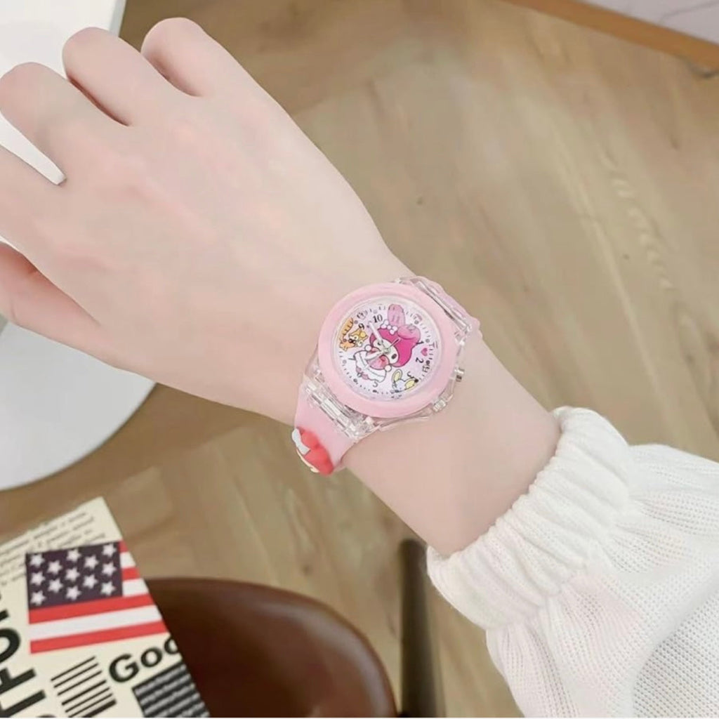 Hello Kitty LED Luminous Bracelet Watch, Kawaii Kuromi My Melody Cinnamoroll Design, Battery Powered Electronic Movement, Plastic Body with Rubber Strap, Non-rechargeable Button Battery - Ideal Birthday Gift