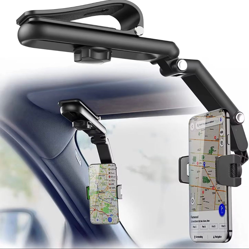 One universal 360° rotatable car sun visor mobile phone holder, navigation bracket for cars, durable ABS material, adjustable and suitable for vehicles, kitchens and bedrooms