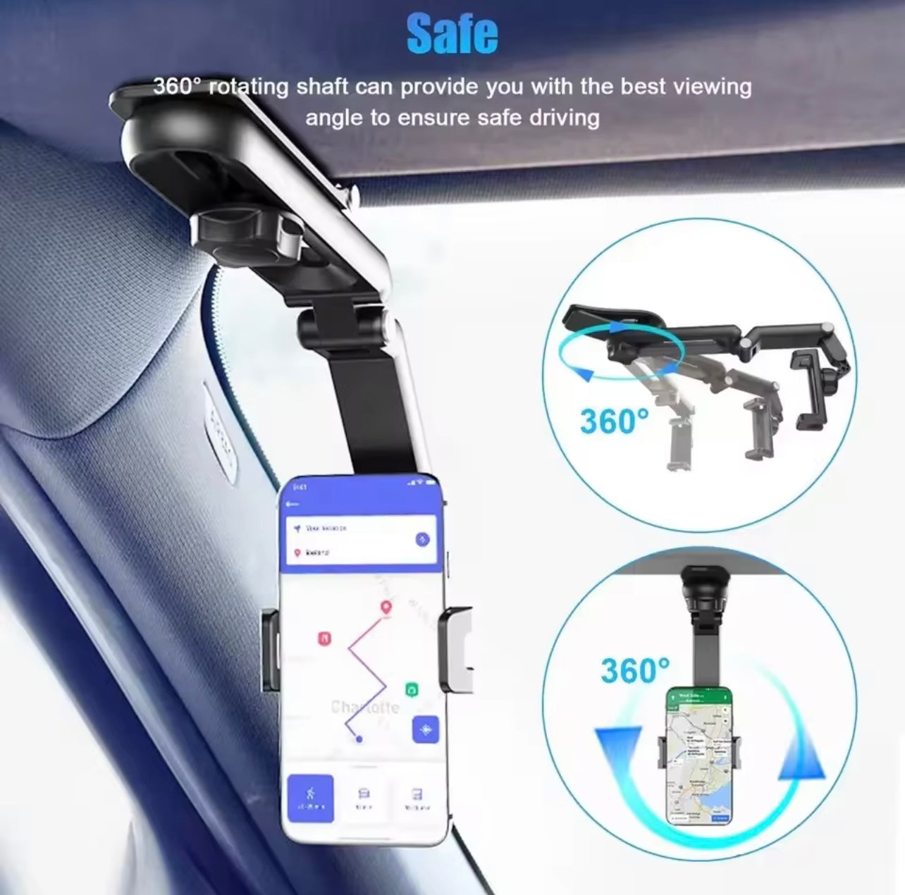 One universal 360° rotatable car sun visor mobile phone holder, navigation bracket for cars, durable ABS material, adjustable and suitable for vehicles, kitchens and bedrooms