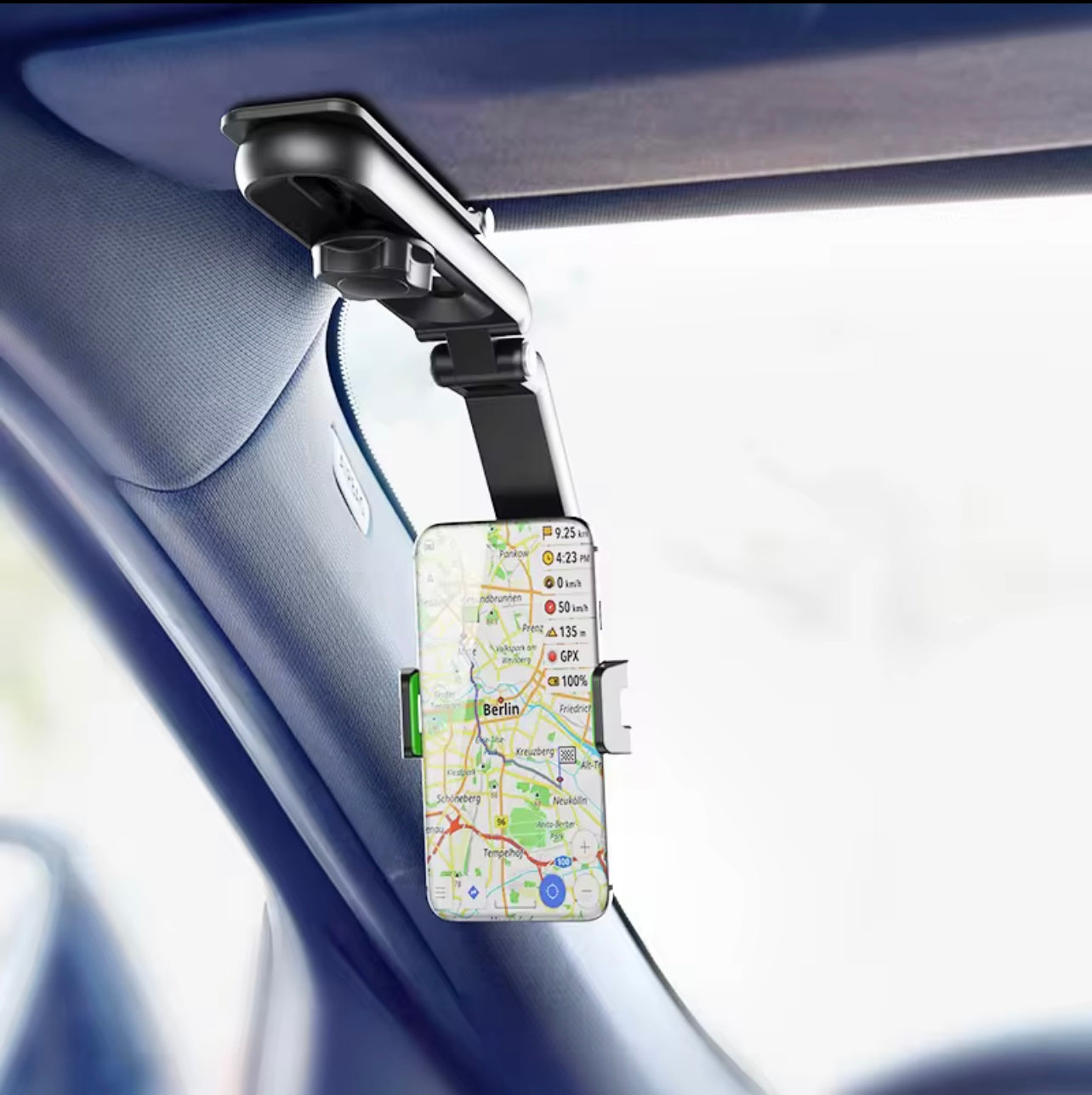 One universal 360° rotatable car sun visor mobile phone holder, navigation bracket for cars, durable ABS material, adjustable and suitable for vehicles, kitchens and bedrooms