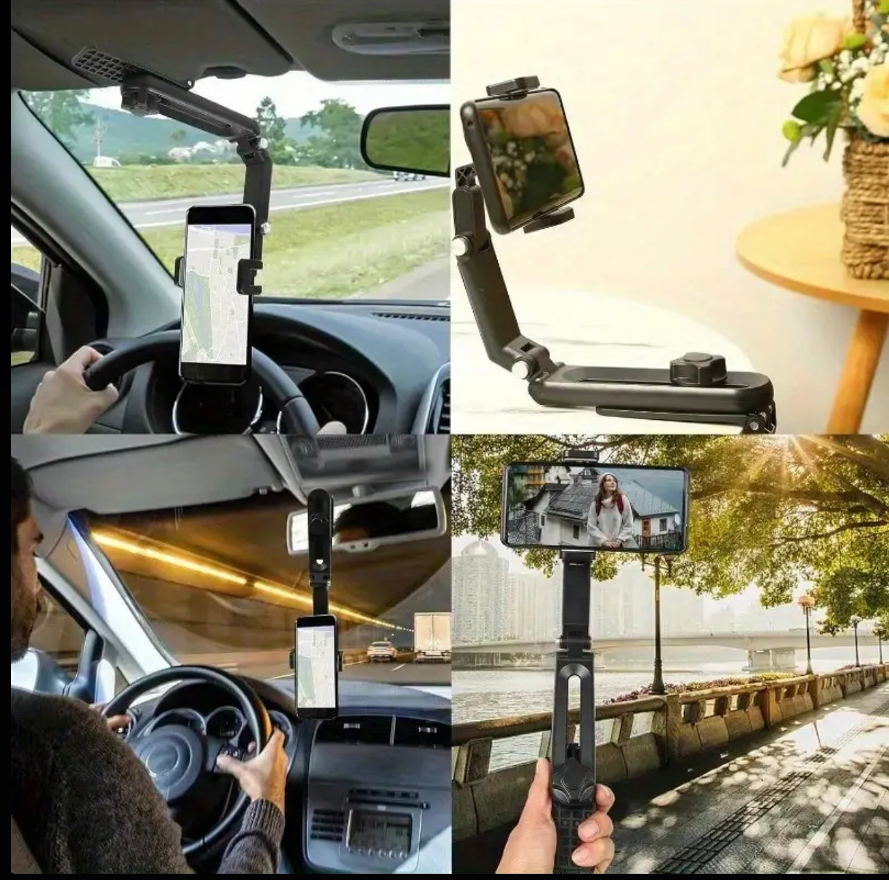 One universal 360° rotatable car sun visor mobile phone holder, navigation bracket for cars, durable ABS material, adjustable and suitable for vehicles, kitchens and bedrooms