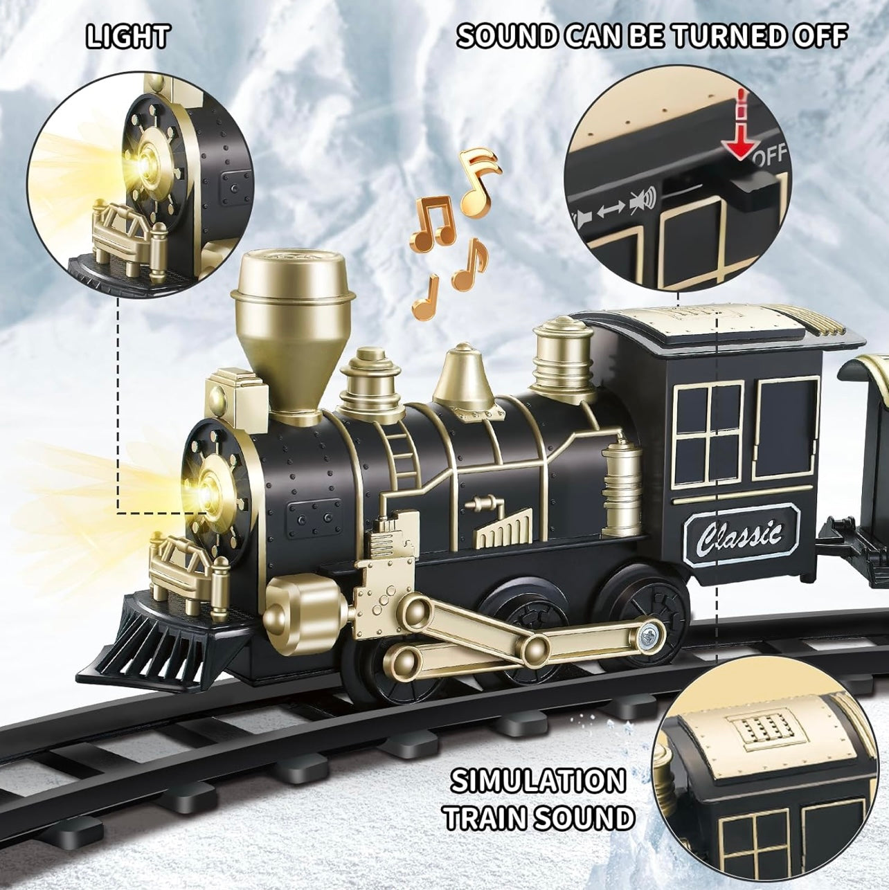 Battery-operated classic Toy train set with lights, sound, and easy-to-assemble track. Includes engine, coach, and track pieces. Perfect for kids aged 3+ – fun, educational, and ideal as a toys gift