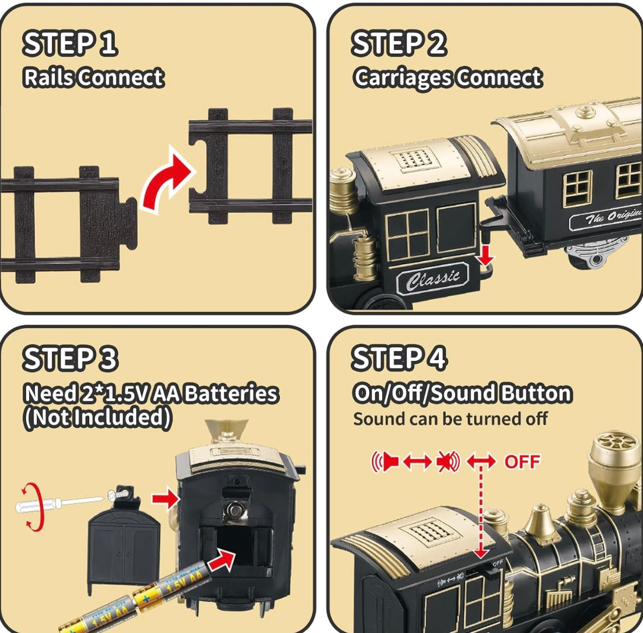 Battery-operated classic Toy train set with lights, sound, and easy-to-assemble track. Includes engine, coach, and track pieces. Perfect for kids aged 3+ – fun, educational, and ideal as a toys gift