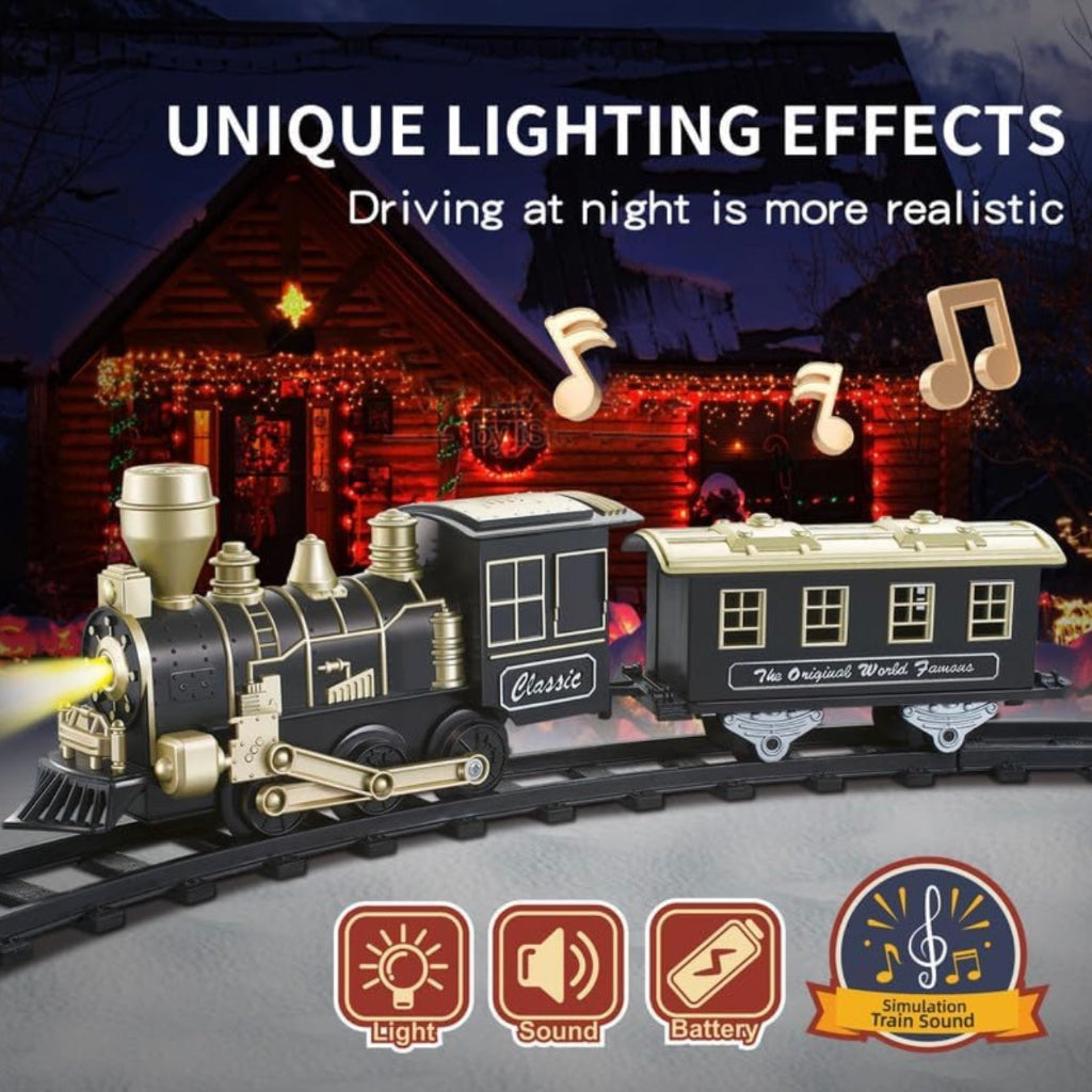Battery-operated classic Toy train set with lights, sound, and easy-to-assemble track. Includes engine, coach, and track pieces. Perfect for kids aged 3+ – fun, educational, and ideal as a toys gift