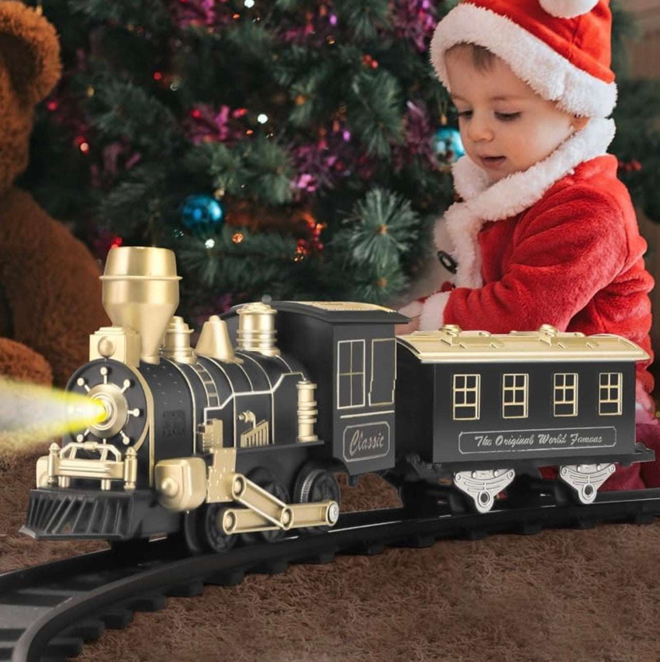 Battery-operated classic Toy train set with lights, sound, and easy-to-assemble track. Includes engine, coach, and track pieces. Perfect for kids aged 3+ – fun, educational, and ideal as a toys gift