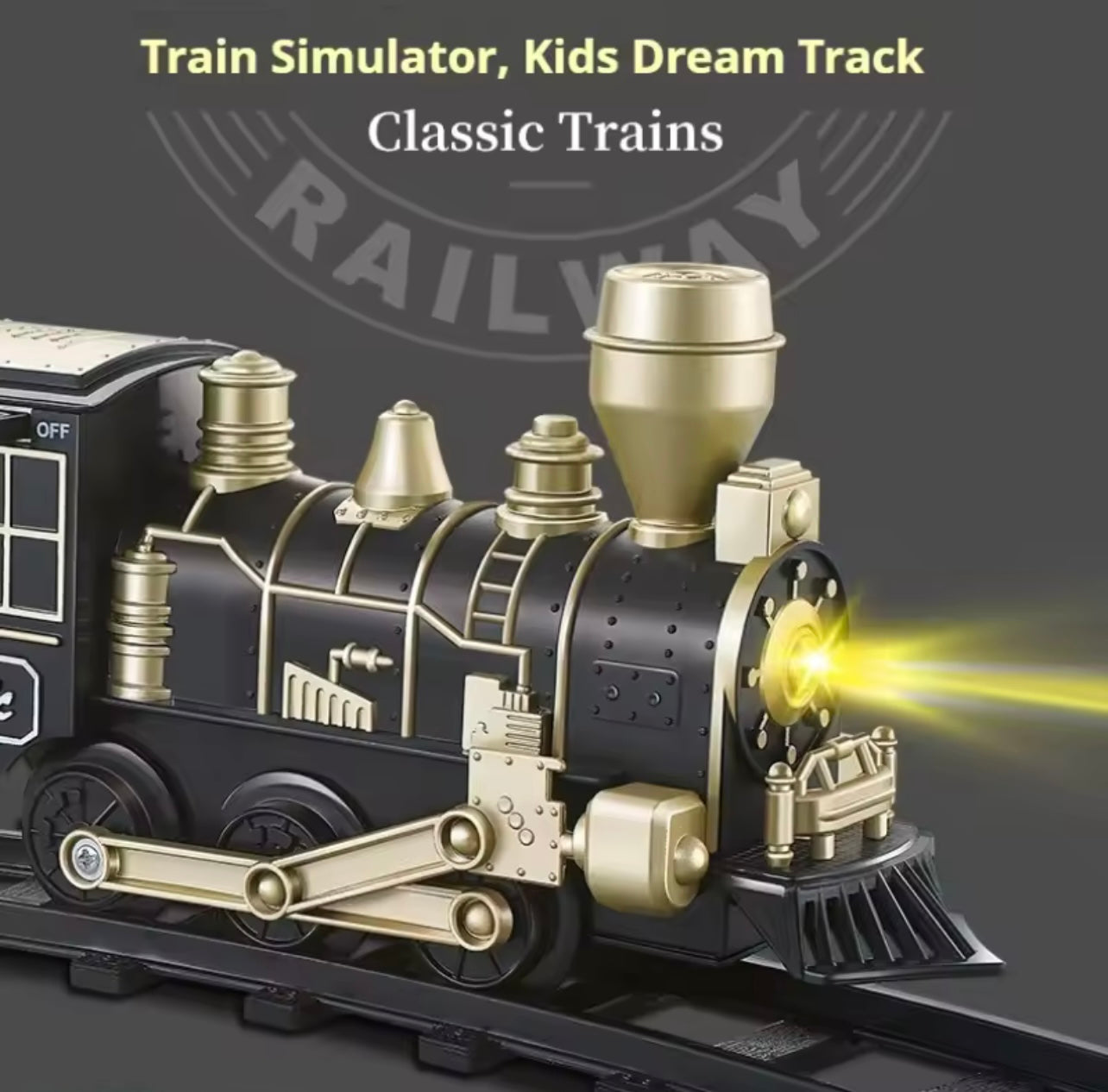 Battery-operated classic Toy train set with lights, sound, and easy-to-assemble track. Includes engine, coach, and track pieces. Perfect for kids aged 3+ – fun, educational, and ideal as a toys gift