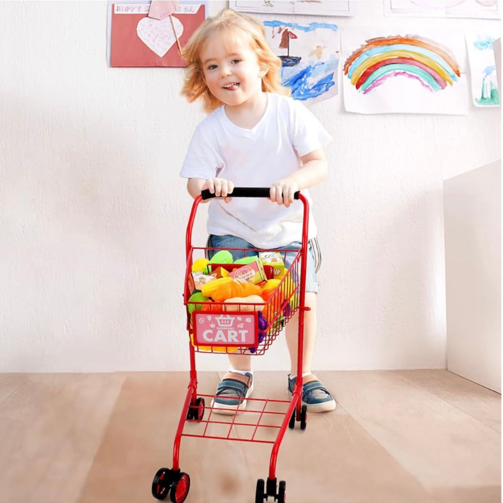 Kids Metal Shopping Trolley with Toys – Perfect for pretend play! Durable metal frame, smooth wheels & spacious basket. Great toy for toddlers and kids aged 3+. Ideal for role play, shopping games & early learning fun