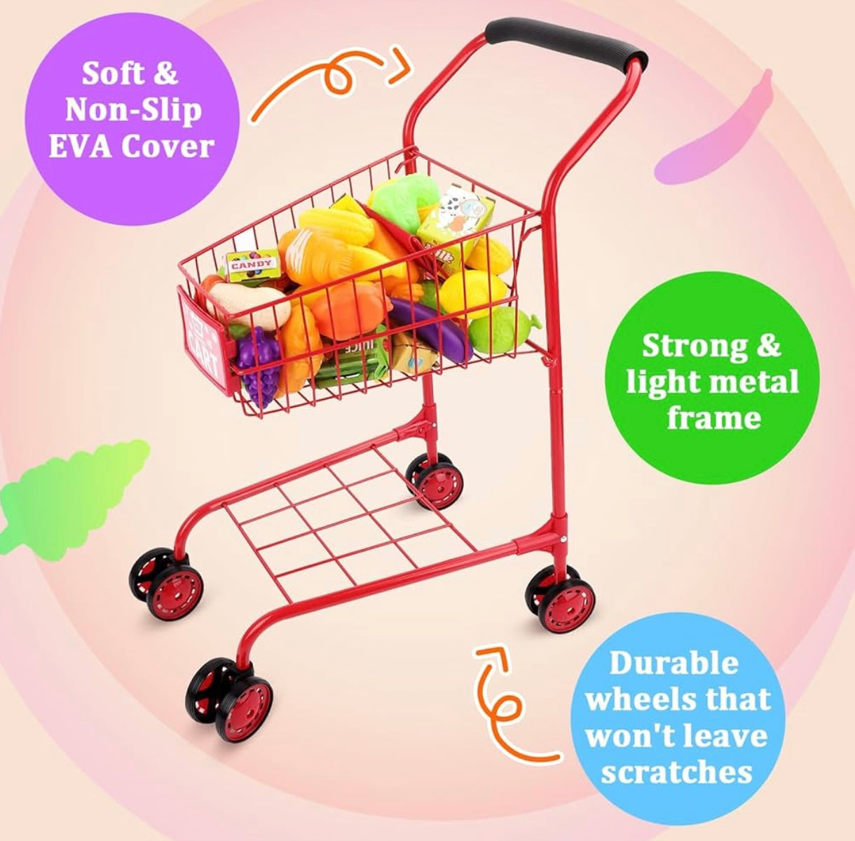 Kids Metal Shopping Trolley with Toys – Perfect for pretend play! Durable metal frame, smooth wheels & spacious basket. Great toy for toddlers and kids aged 3+. Ideal for role play, shopping games & early learning fun