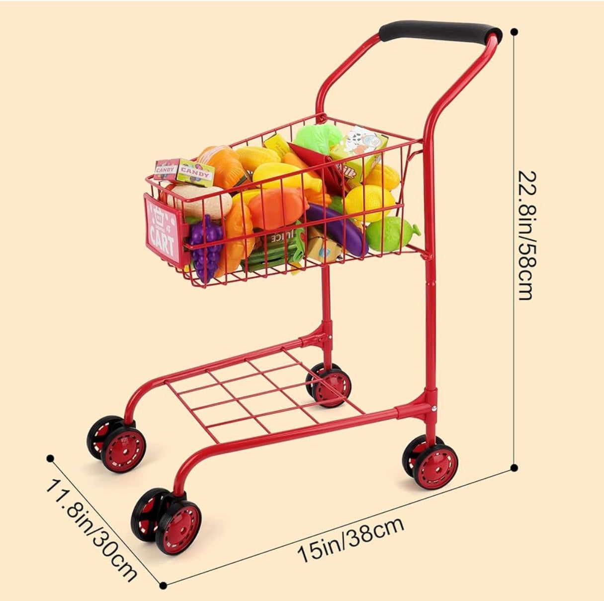 Kids Metal Shopping Trolley with Toys – Perfect for pretend play! Durable metal frame, smooth wheels & spacious basket. Great toy for toddlers and kids aged 3+. Ideal for role play, shopping games & early learning fun