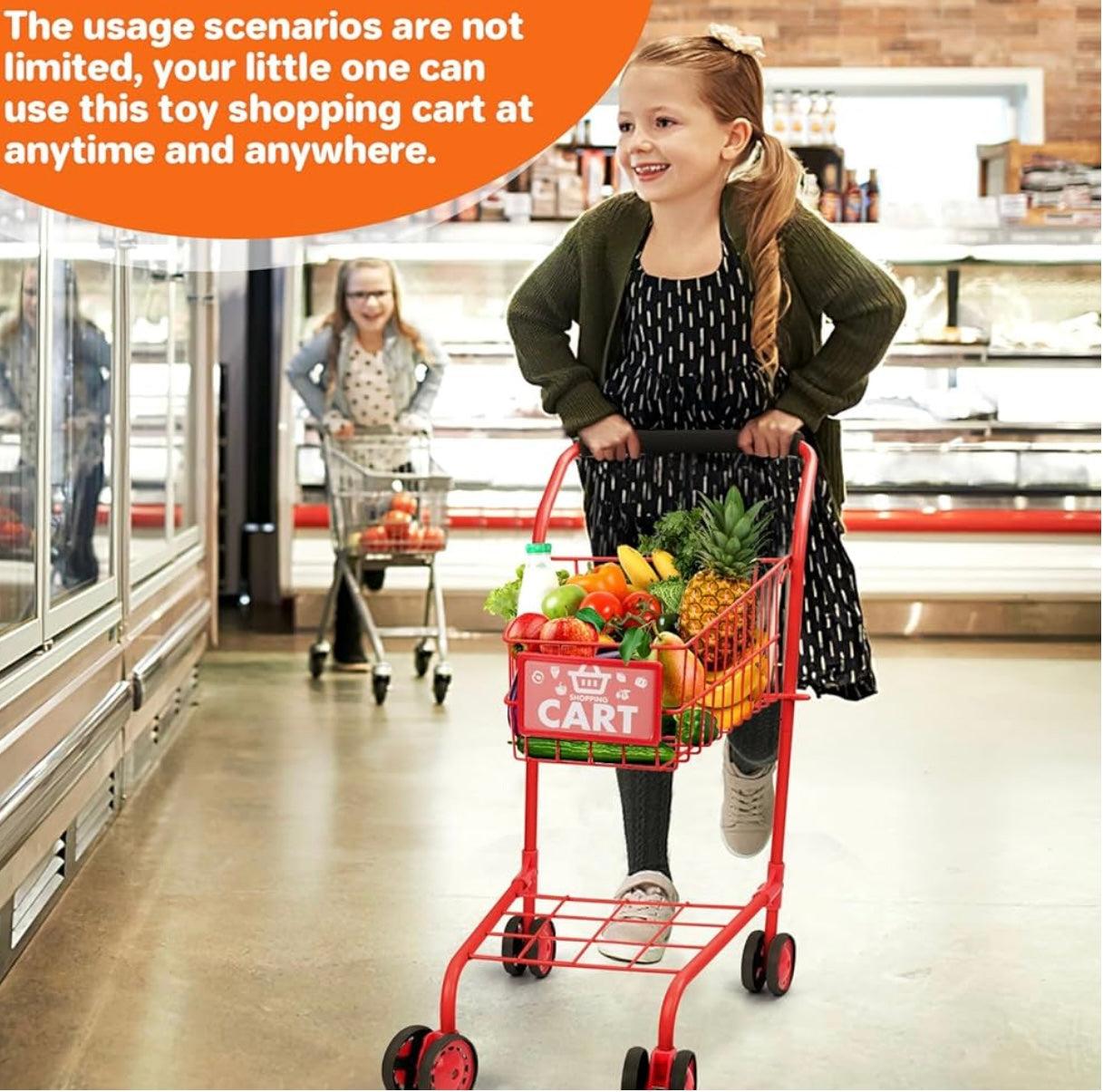 Kids Metal Shopping Trolley with Toys – Perfect for pretend play! Durable metal frame, smooth wheels & spacious basket. Great toy for toddlers and kids aged 3+. Ideal for role play, shopping games & early learning fun