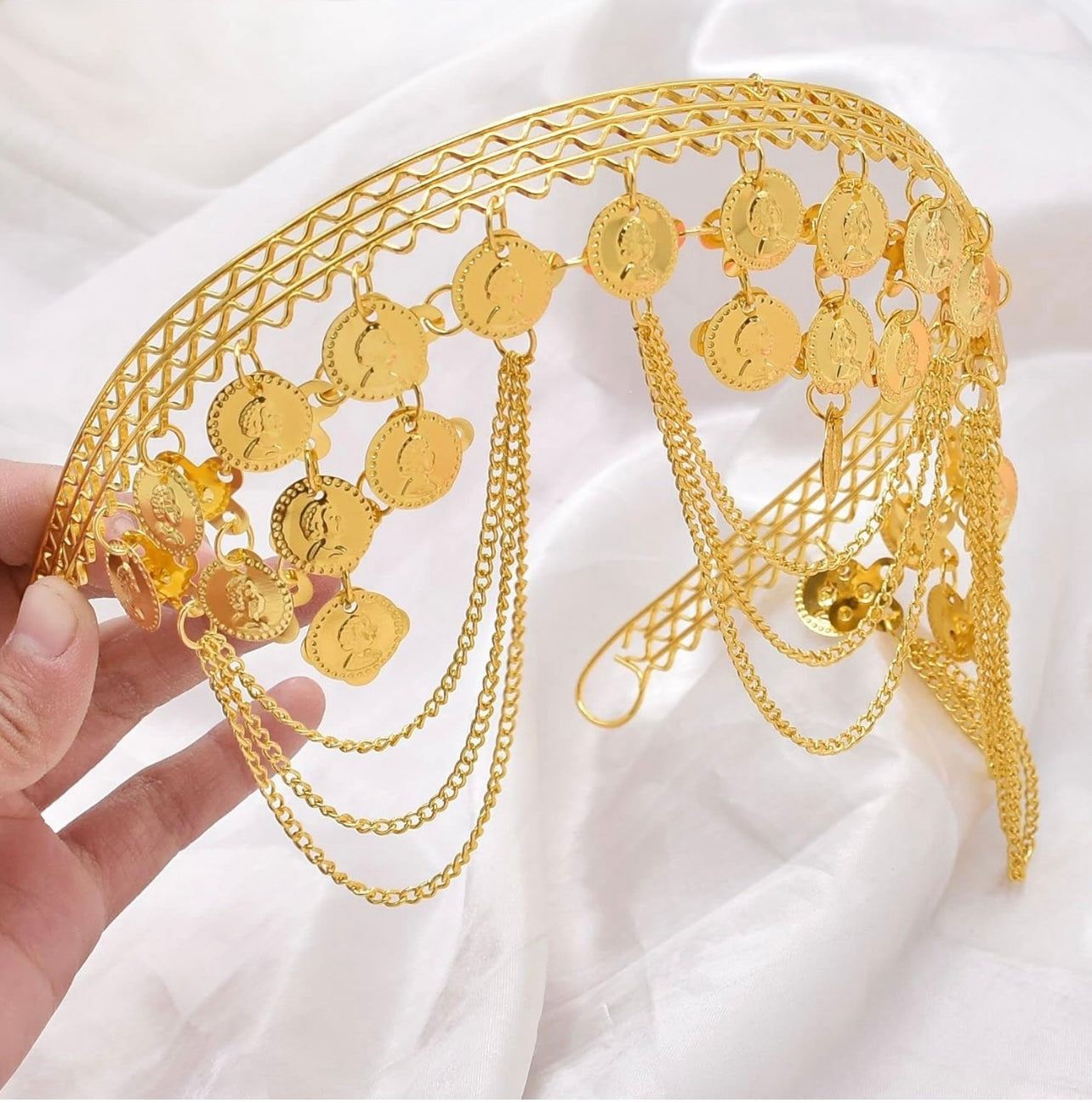 Festive Elegance, Elegant Golden Coin & Bell Tassel Headpiece - Alloy Ethnic Style Hair Accessory with Intricate Design, Perfect for Cultural Celebrations, Hair Jewelry