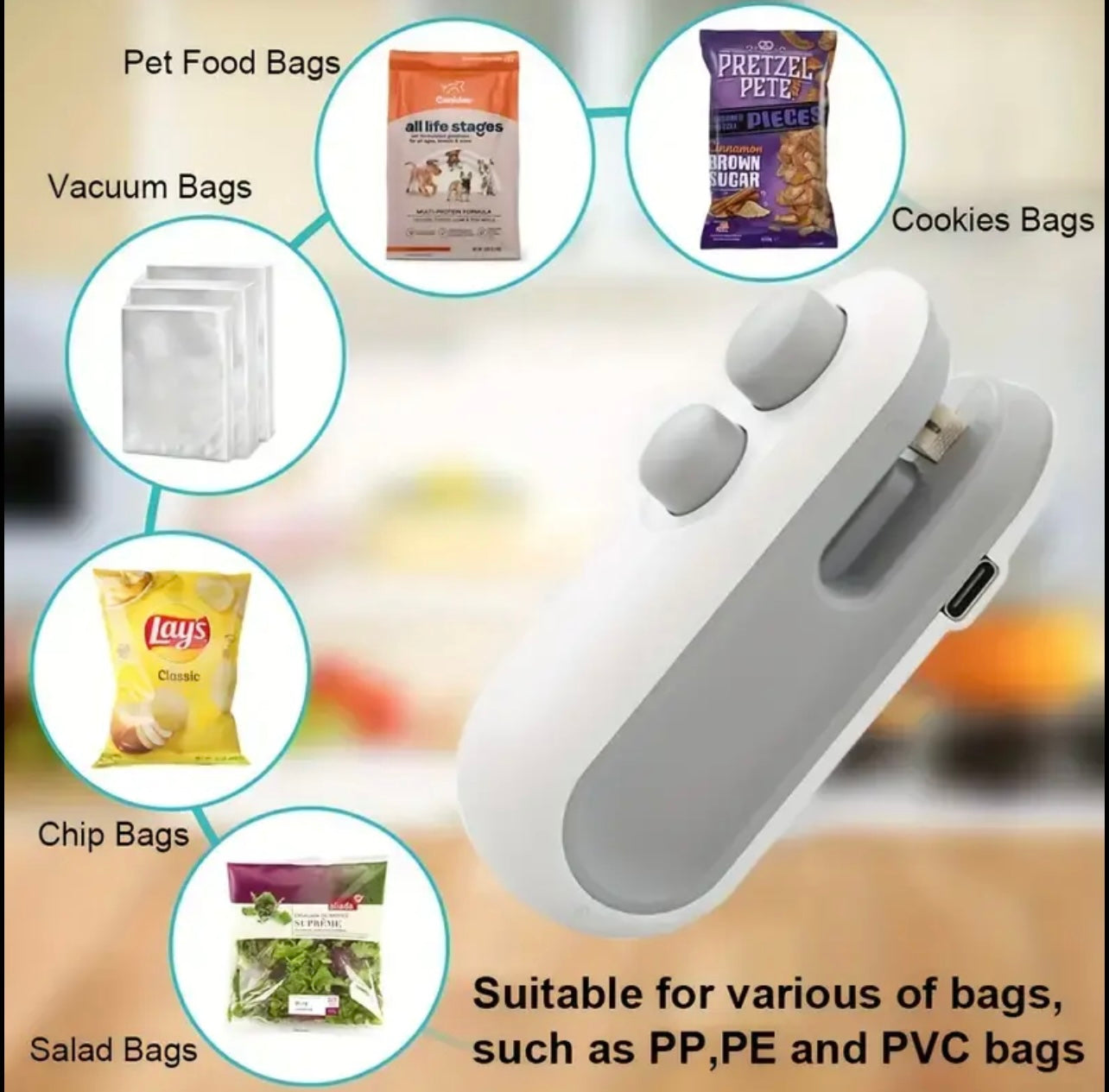 Portable Snack Sealer, Manual Plastic Bag Sealer, USB Charging, Can Be Rechargeable with 150mAh Lithium Battery, Small Kitchen Catering Food Service Equipment…