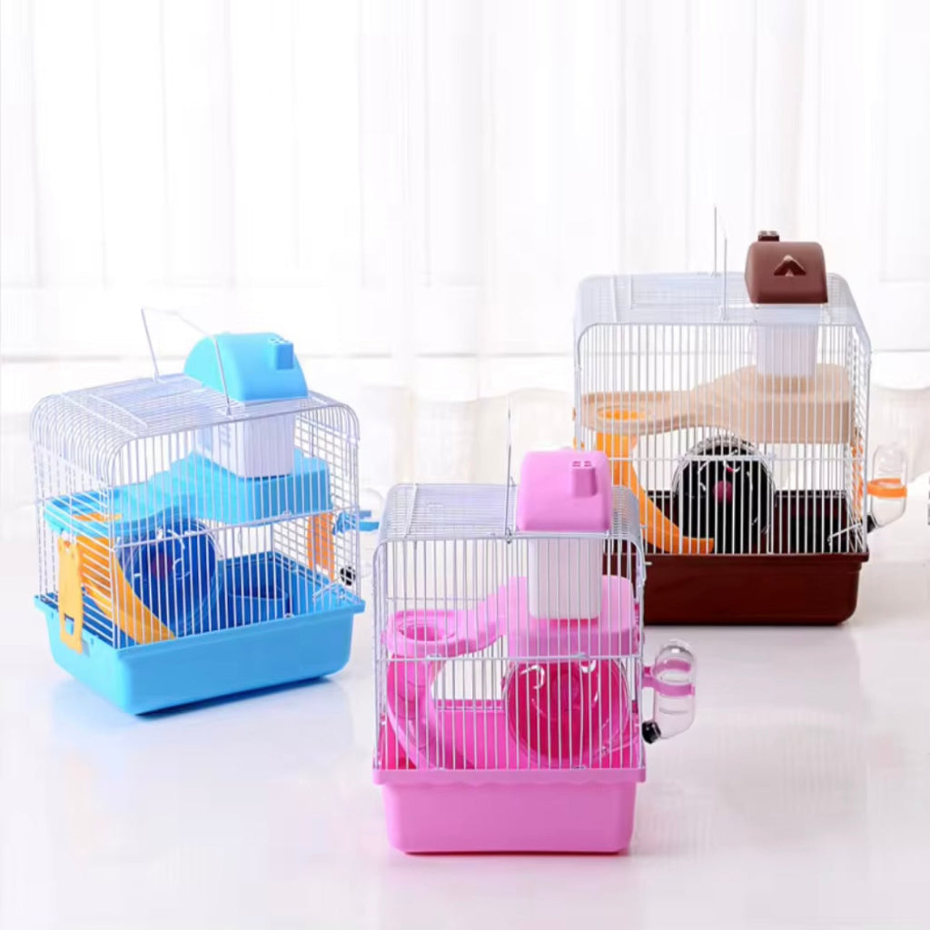 Portable Hamster Travel Cage with Water Bottle - Blue and Yellow Small Pet Carrier for Gerbils, Multi-Level Design with Outdoor Adventure Game Tunnel, Built-in Water Bottle and Hamster Stand