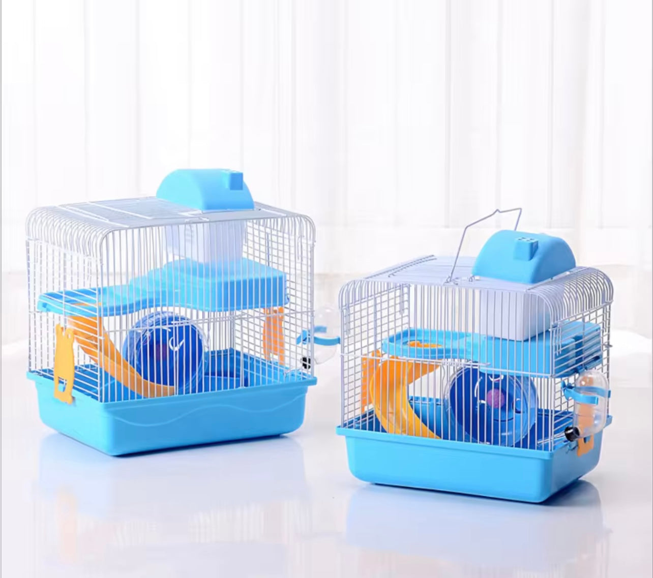 Portable Hamster Travel Cage with Water Bottle - Blue and Yellow Small Pet Carrier for Gerbils, Multi-Level Design with Outdoor Adventure Game Tunnel, Built-in Water Bottle and Hamster Stand