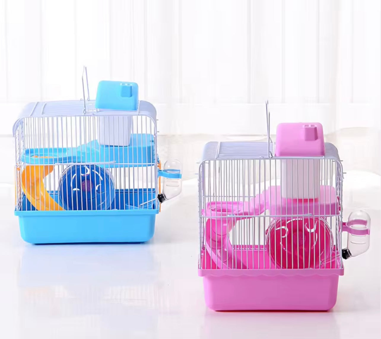 Portable Hamster Travel Cage with Water Bottle - Blue and Yellow Small Pet Carrier for Gerbils, Multi-Level Design with Outdoor Adventure Game Tunnel, Built-in Water Bottle and Hamster Stand
