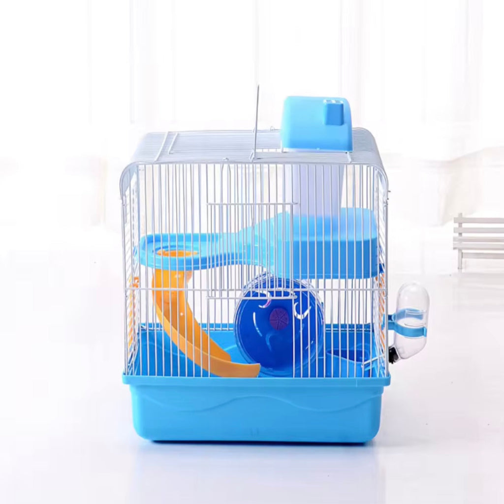 Portable Hamster Travel Cage with Water Bottle - Blue and Yellow Small Pet Carrier for Gerbils, Multi-Level Design with Outdoor Adventure Game Tunnel, Built-in Water Bottle and Hamster Stand