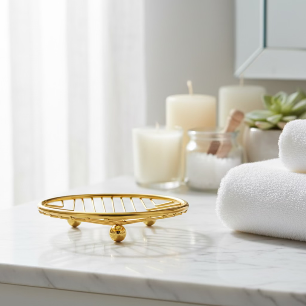 Elegant Golden Metal Soap Dish with Drainage – Decorative Bathroom & Kitchen Holder