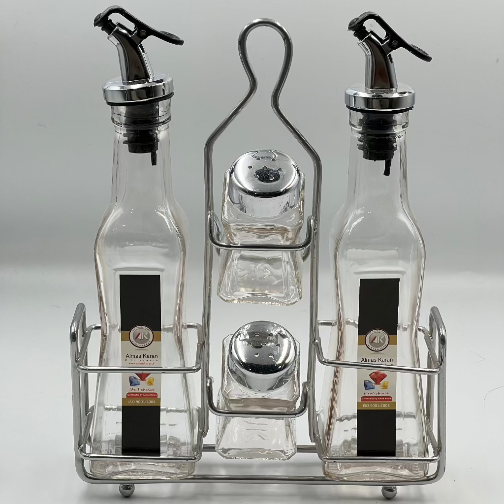 Elegant Oil & Spice Glass Bottle Set with Steel Rack