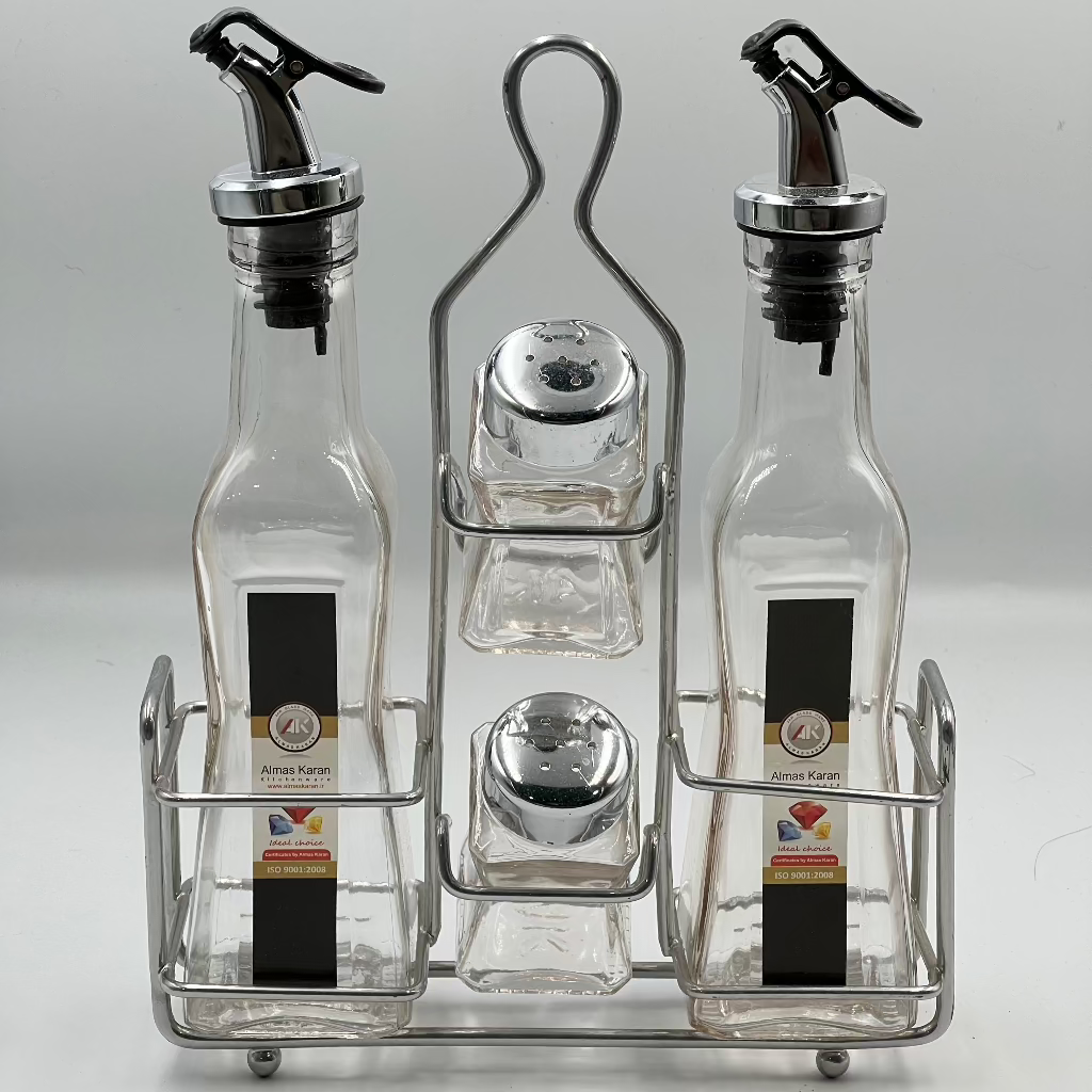 Elegant Oil & Spice Glass Bottle Set with Steel Rack