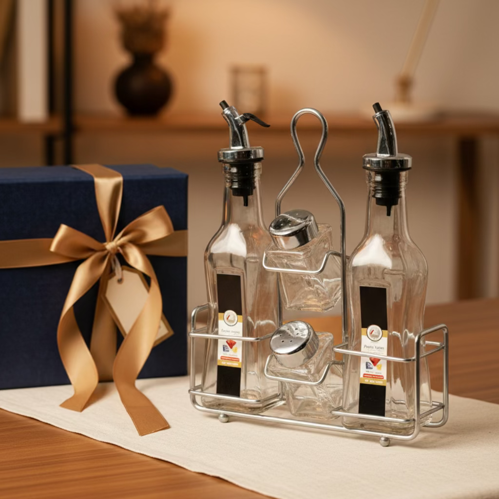 Elegant Oil & Spice Glass Bottle Set with Steel Rack
