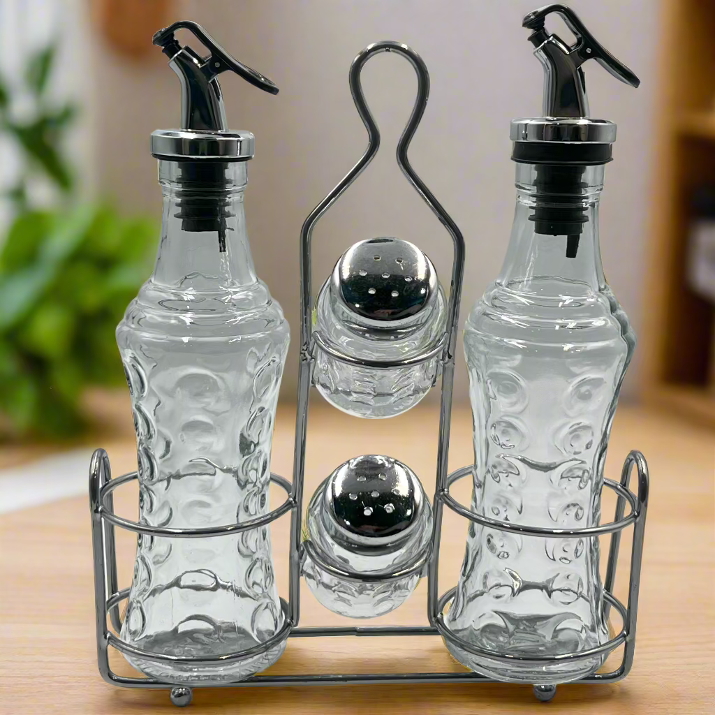 Elegant Oil & Spice Glass Bottle Set with Steel Rack