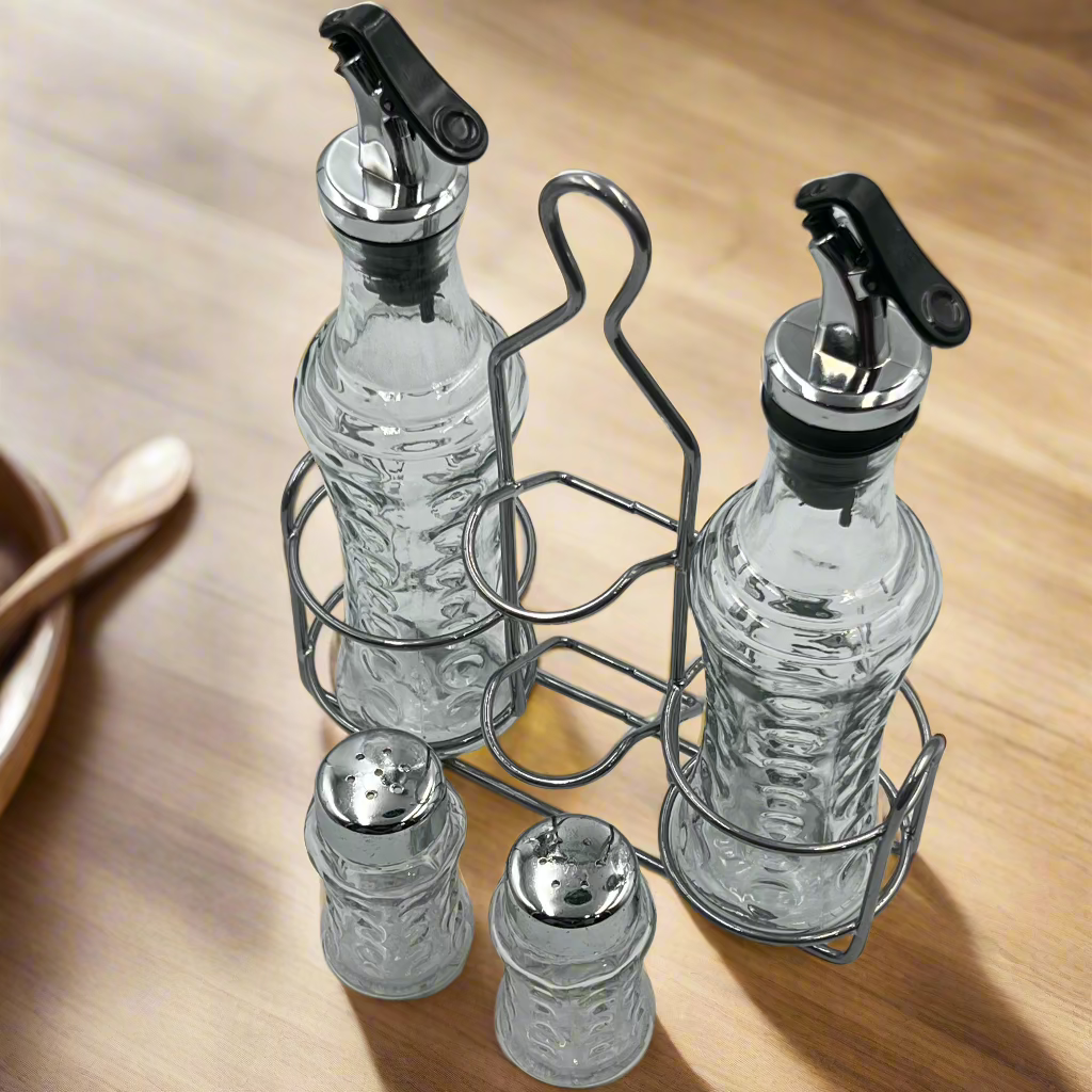 Elegant Oil & Spice Glass Bottle Set with Steel Rack