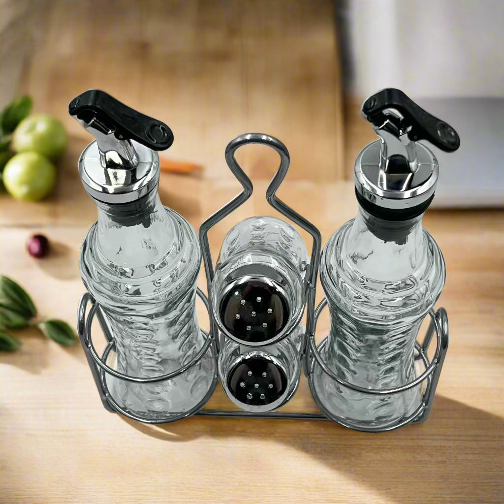 Elegant Oil & Spice Glass Bottle Set with Steel Rack