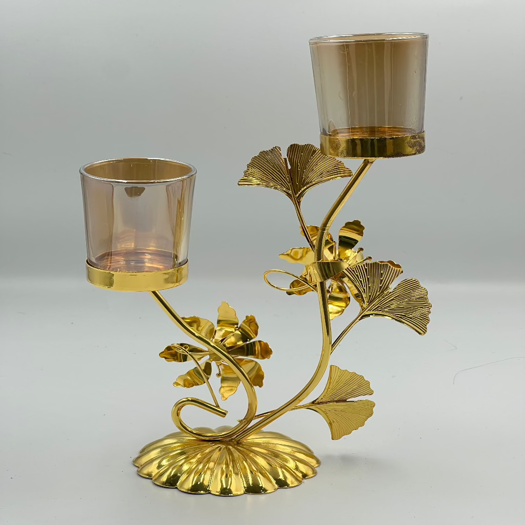 Elegant Golden Metal Candle Holder, Creative Tabletop Decorative Candle Stand for Home, Dining, Restaurant, Hotel, Festive Decor - Metallic Finish, Desktop Installation